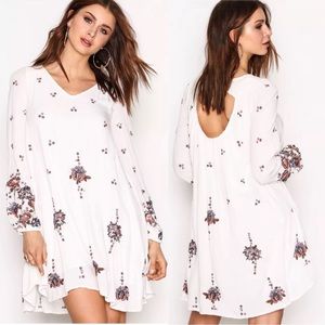 Free People Ivory Oxford Embroidered Mini Swing Boho Dress